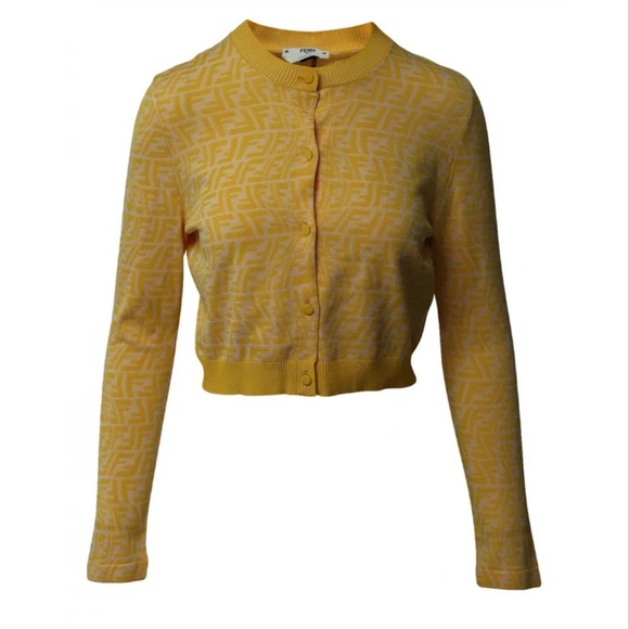 Fendi FF Vertigo Print Cropped Cardigan in Yellow Viscose Size 44 - Picture 1 of 11